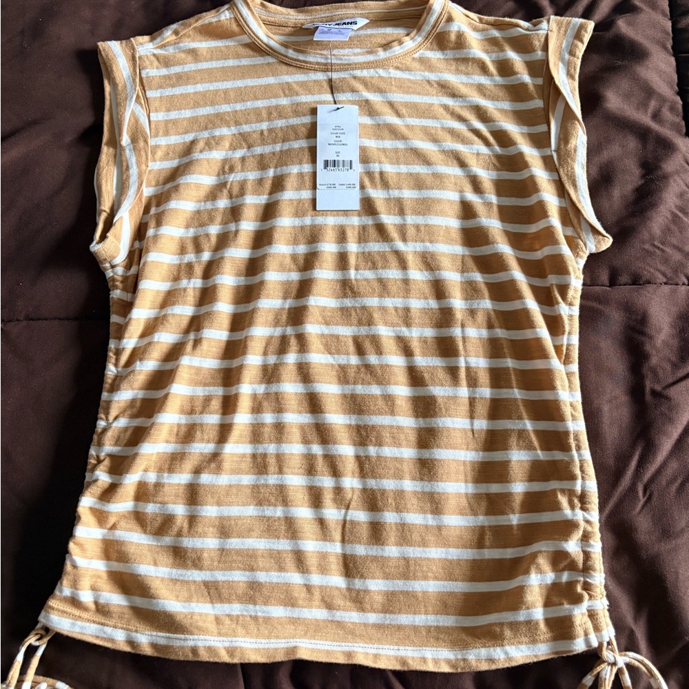 DKNY Tan and White Striped Blouse